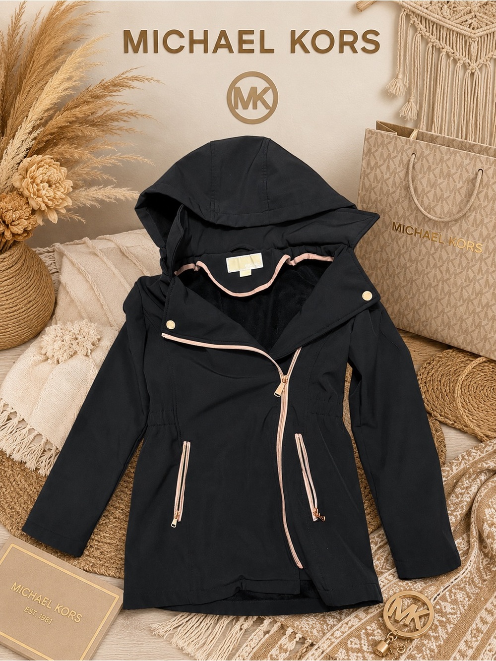 Michael Kors Black Hooded Girls' Rain Jacket with Pink Trim